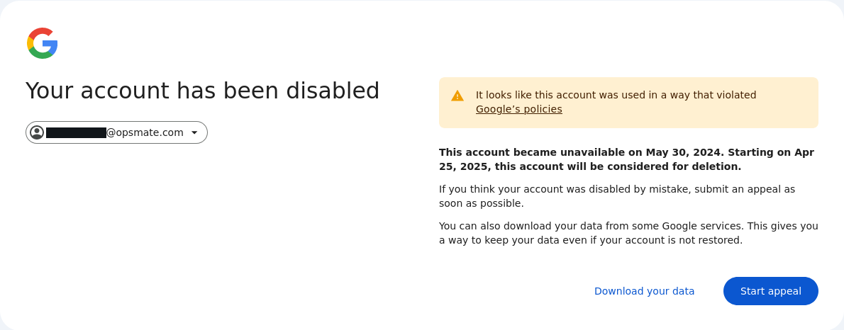 Screenshot of Google Cloud web page stating "Your account has been disabled"